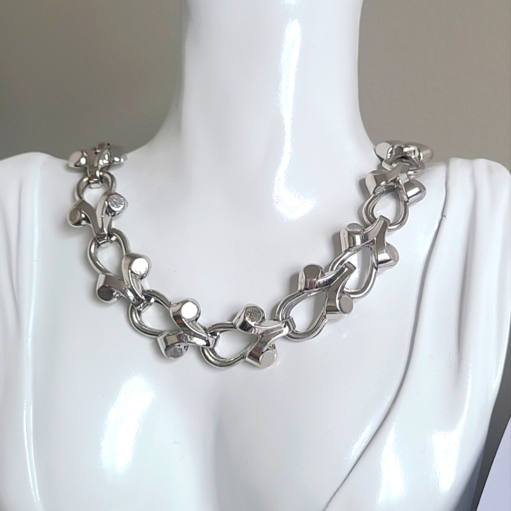 Vintage SPERRY Silver Tone Chunky Deco Geometric Chain Link Choker Necklace